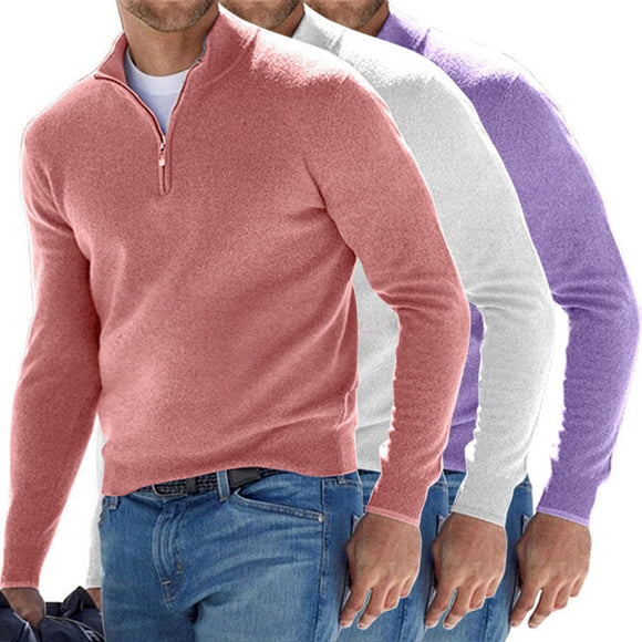 Men Zipper Solid V-neck Pullover
